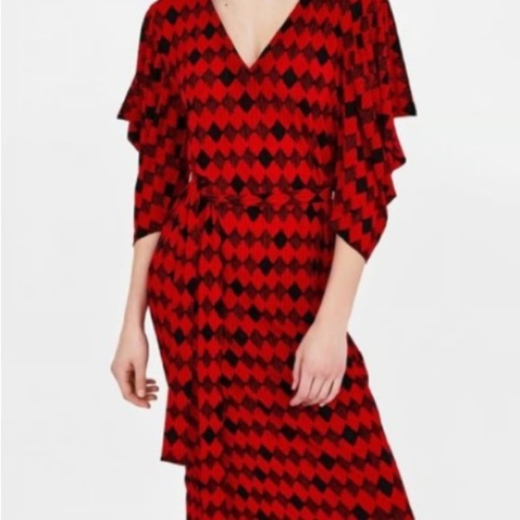 NWT Zara Red Black Belted Tie Geometric Argyle Pattern Chic Maxi‎ Dress Small S - Picture 3 of 7